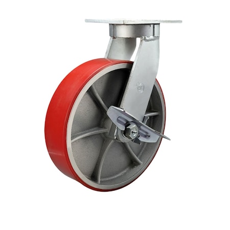 Service Caster 12'' Heavy Duty Red Poly on Cast Iron Caster with Brake and Swivel Lock CRAN-SCC-KP92S1230-PUR-RS-SLB-BSL